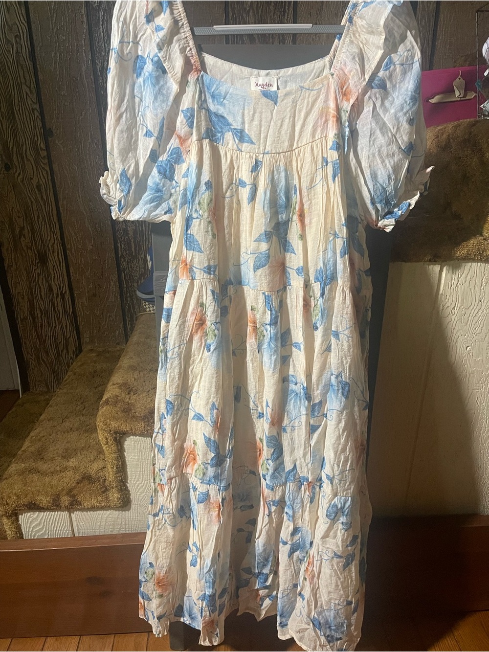 Hayden Cream Floral Tiered Midi Dress with Blue & Peach Blooms